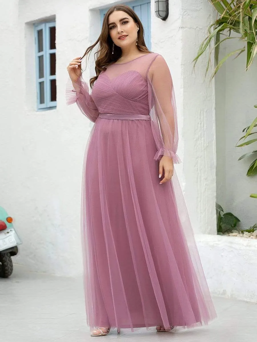 Elegant Floor Length Tulle Bridesmaid Dress with Long Sleeve