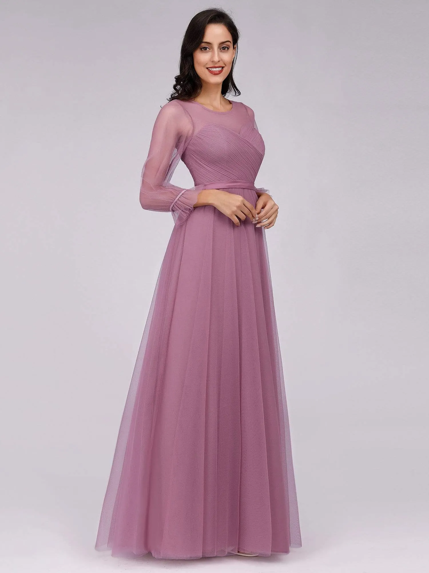 Elegant Floor Length Tulle Bridesmaid Dress with Long Sleeve