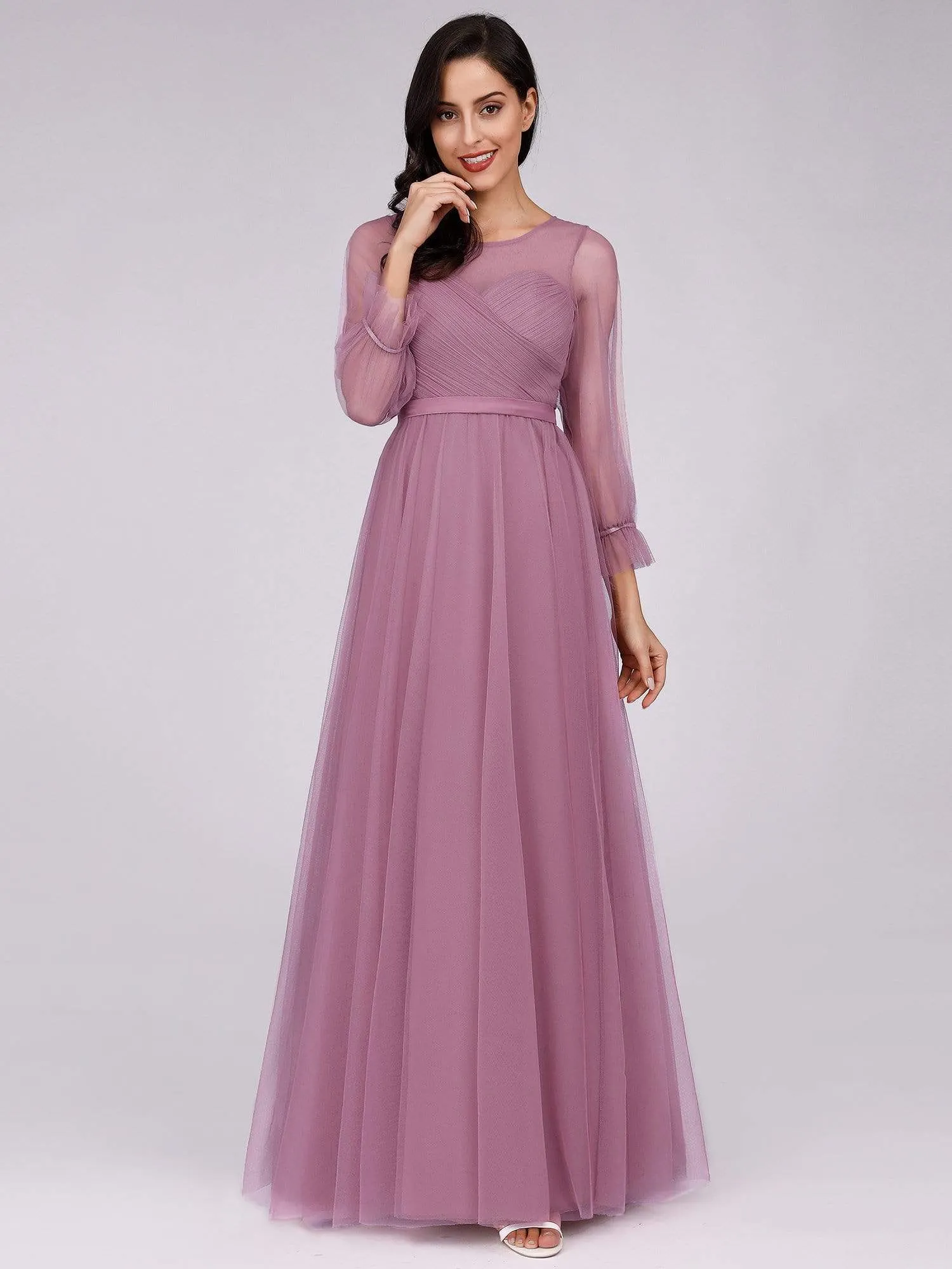 Elegant Floor Length Tulle Bridesmaid Dress with Long Sleeve