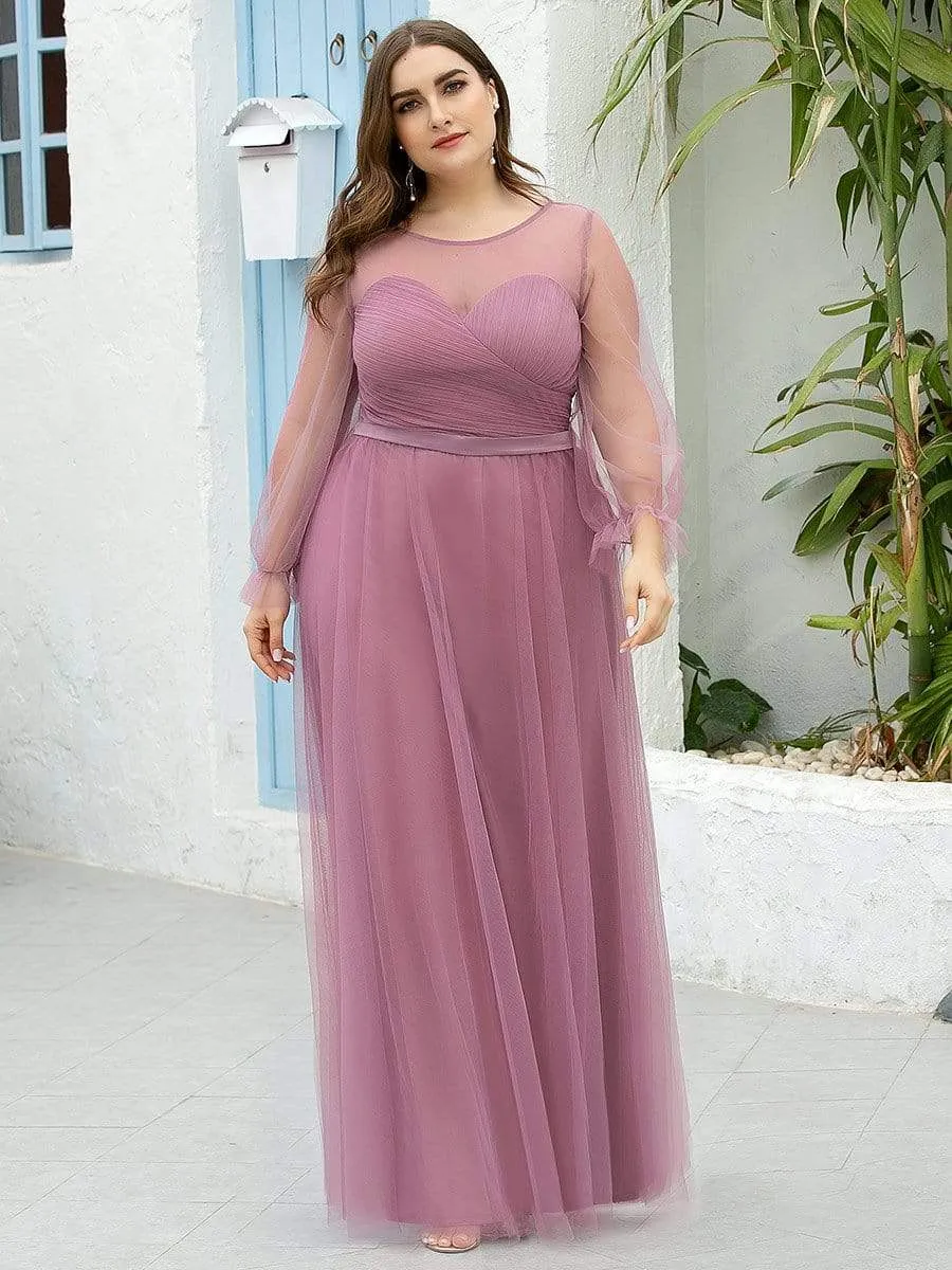 Elegant Floor Length Tulle Bridesmaid Dress with Long Sleeve