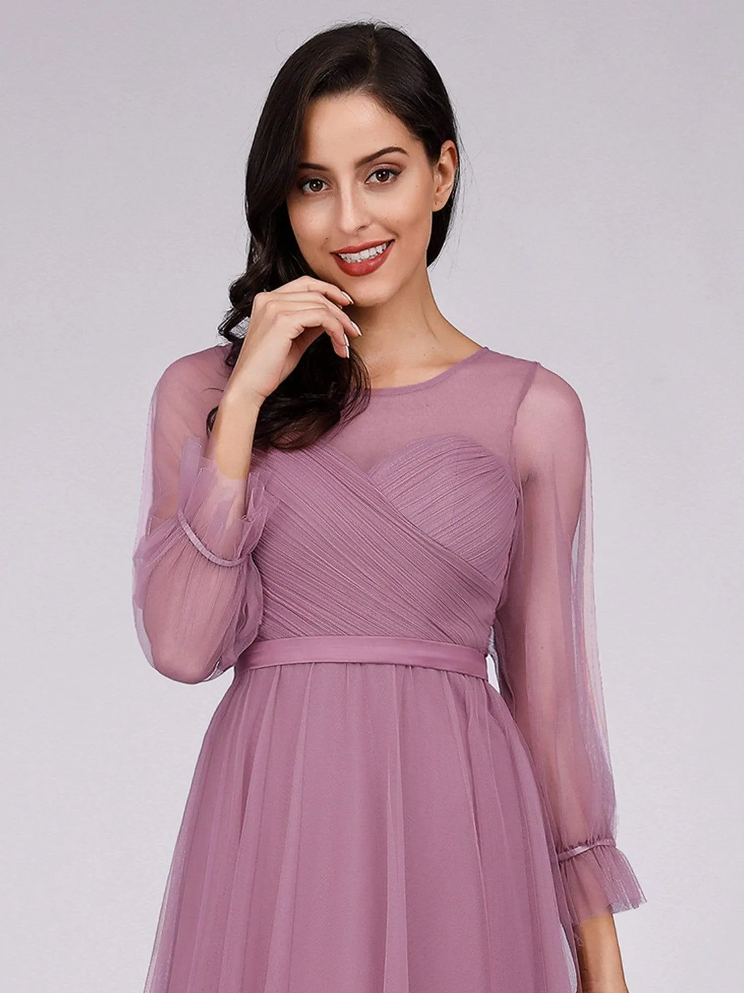 Elegant Floor Length Tulle Bridesmaid Dress with Long Sleeve
