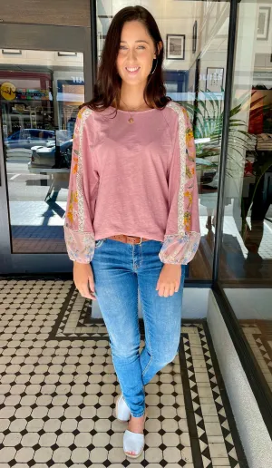 Eva Mixed Print Puff Sleeve Top Dusty Pink