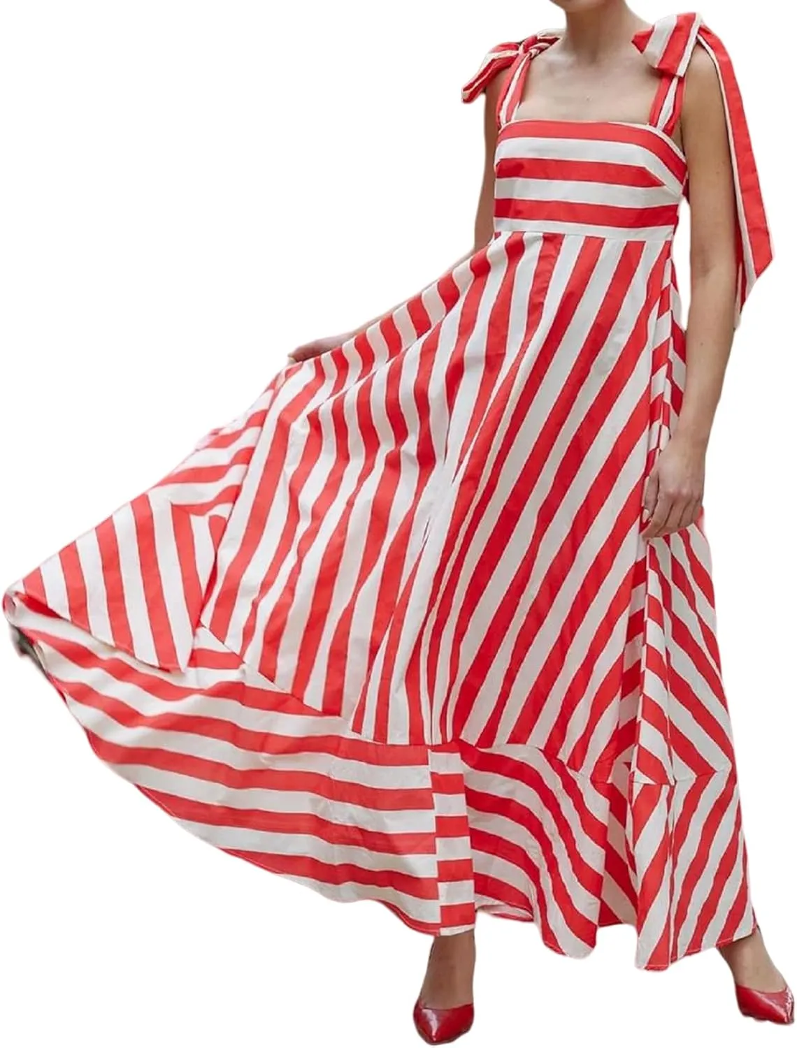 Faretumiya Women Summer Striped Maxi Dress Sleeveless Tie Shoulder Flowy Boho Dress Spaghetti Strap Long Beach Sundress