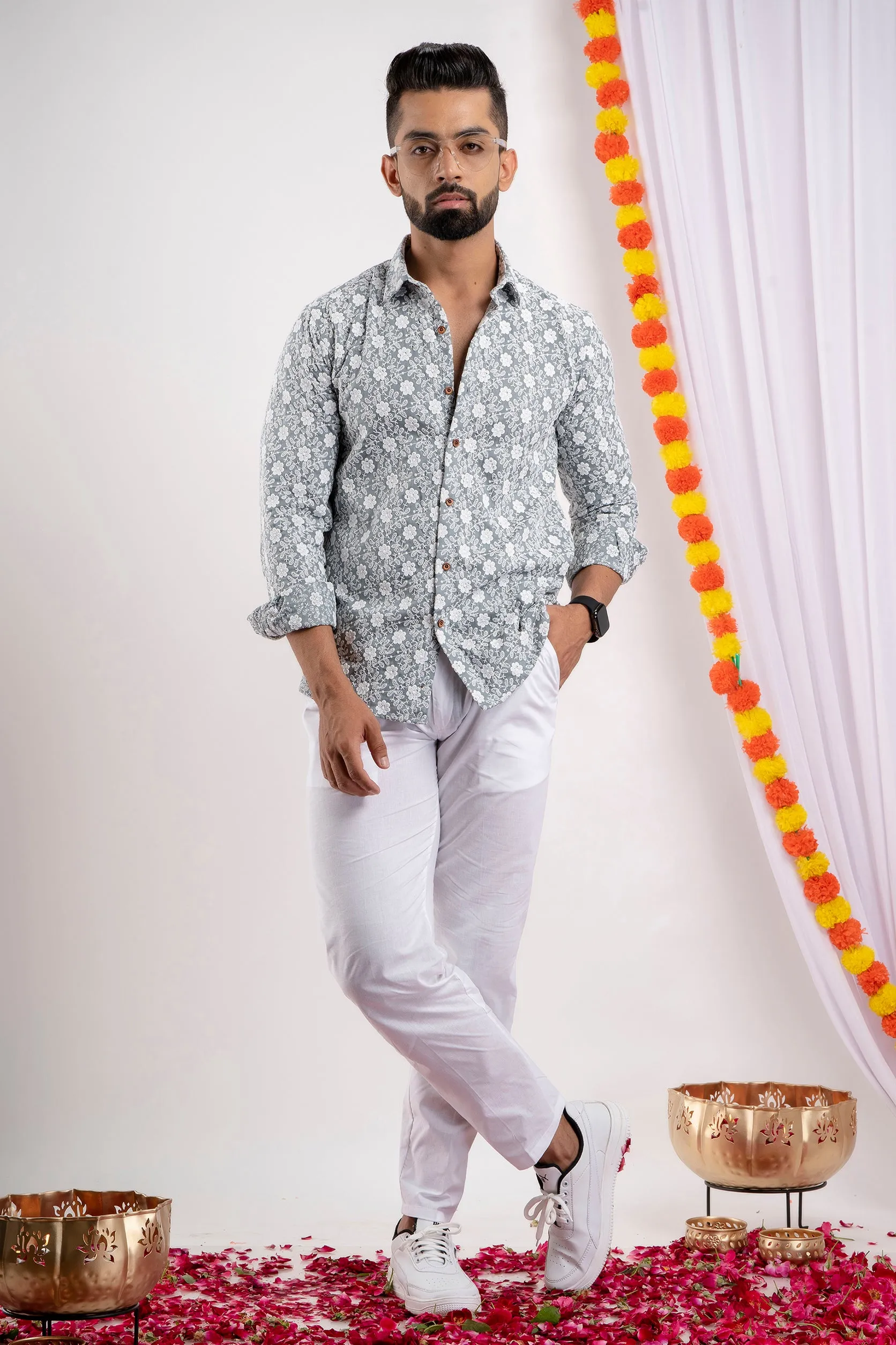 Firangi Yarn Super Soft Full Sleeves Chikankari Schiffli Embroided Men's Shirt- Grey