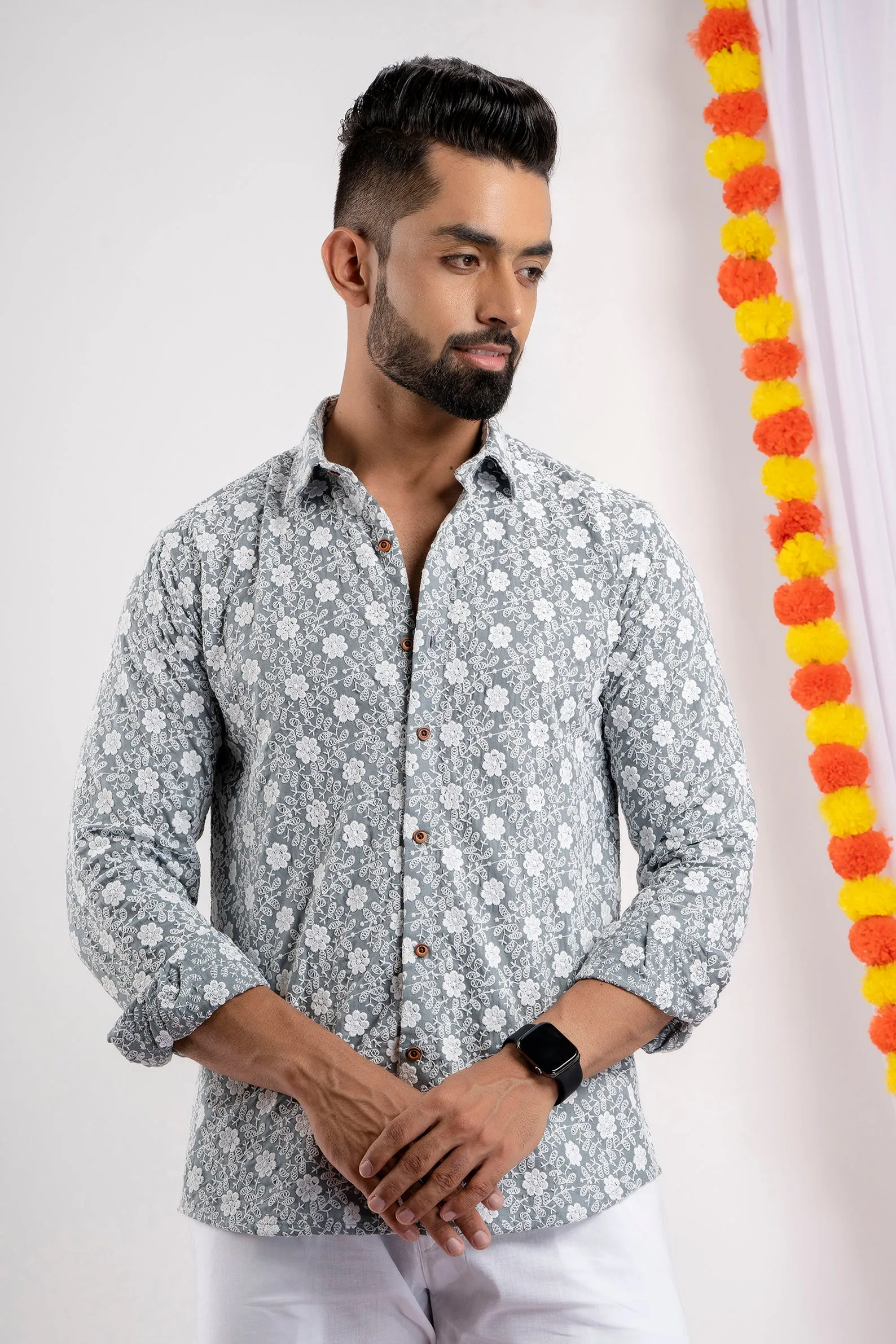 Firangi Yarn Super Soft Full Sleeves Chikankari Schiffli Embroided Men's Shirt- Grey