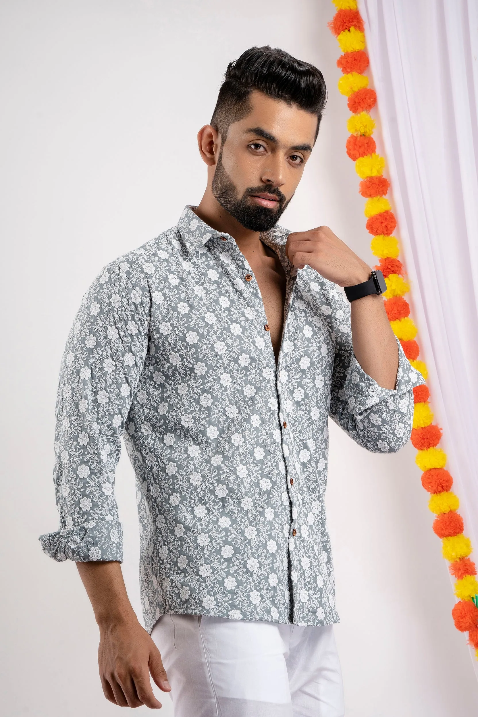 Firangi Yarn Super Soft Full Sleeves Chikankari Schiffli Embroided Men's Shirt- Grey