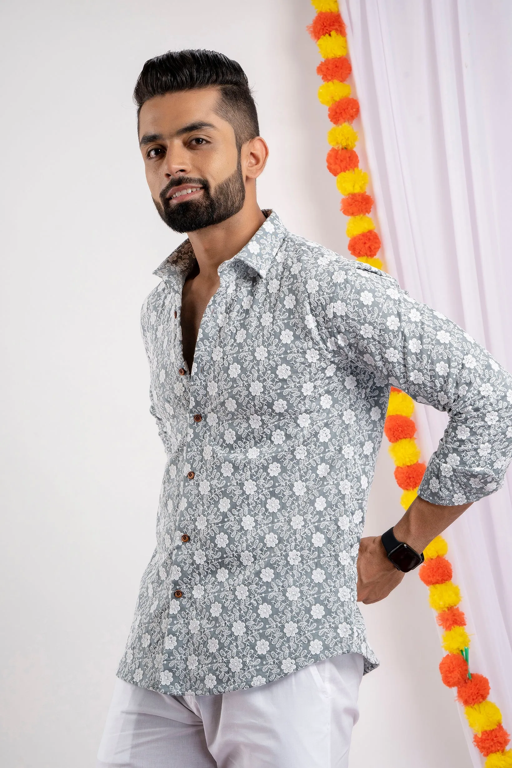 Firangi Yarn Super Soft Full Sleeves Chikankari Schiffli Embroided Men's Shirt- Grey