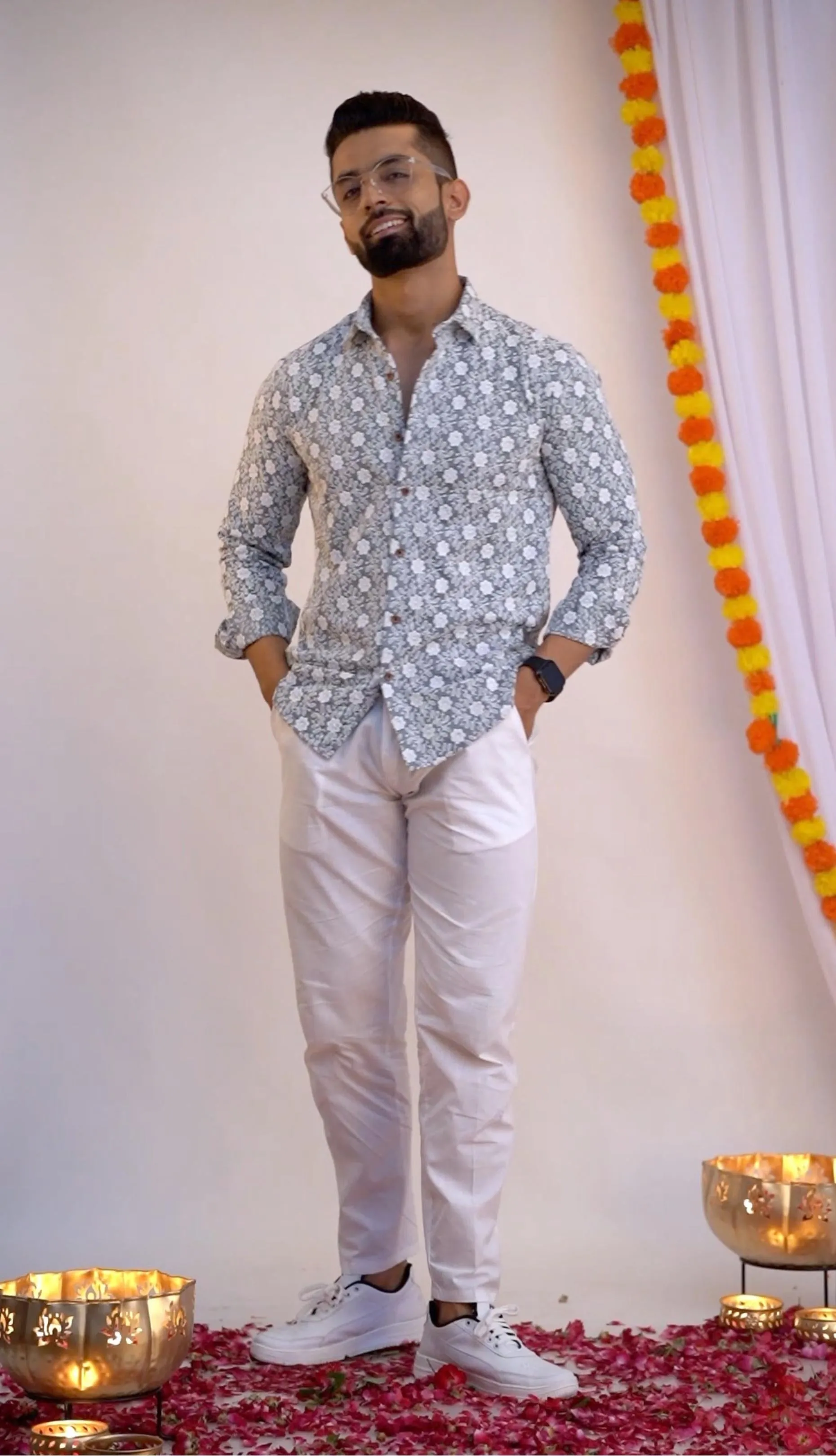 Firangi Yarn Super Soft Full Sleeves Chikankari Schiffli Embroided Men's Shirt- Grey
