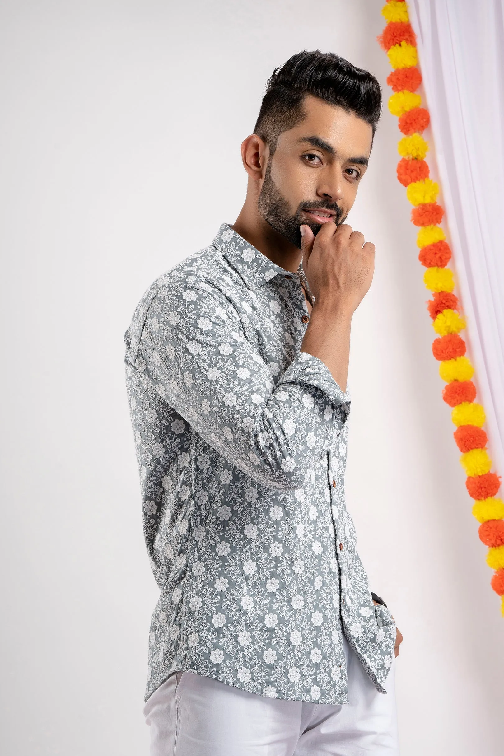 Firangi Yarn Super Soft Full Sleeves Chikankari Schiffli Embroided Men's Shirt- Grey