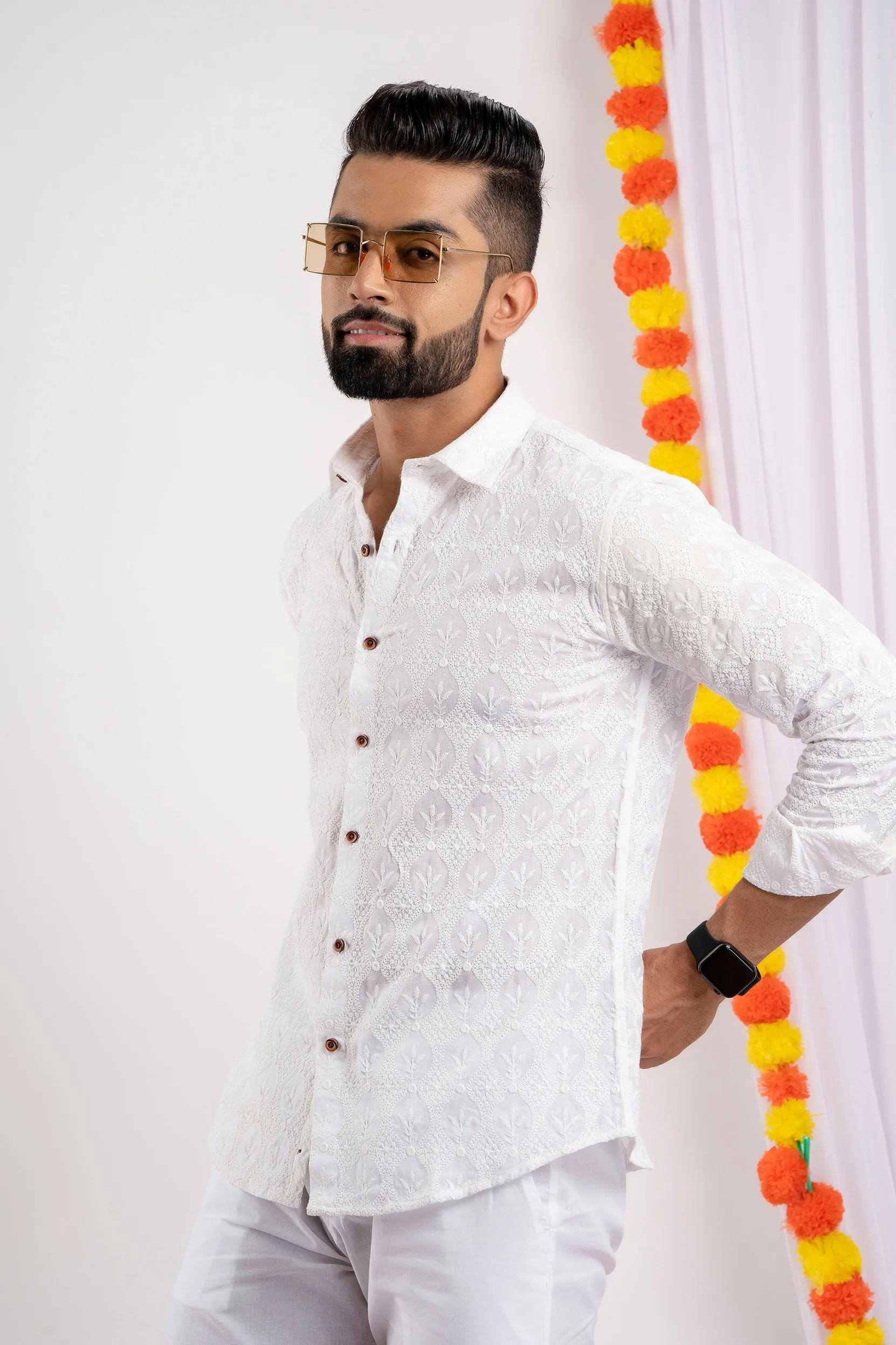 Firangi Yarn Super Soft Full Sleeves Chikankari Schiffli Embroided Men's Shirt- White