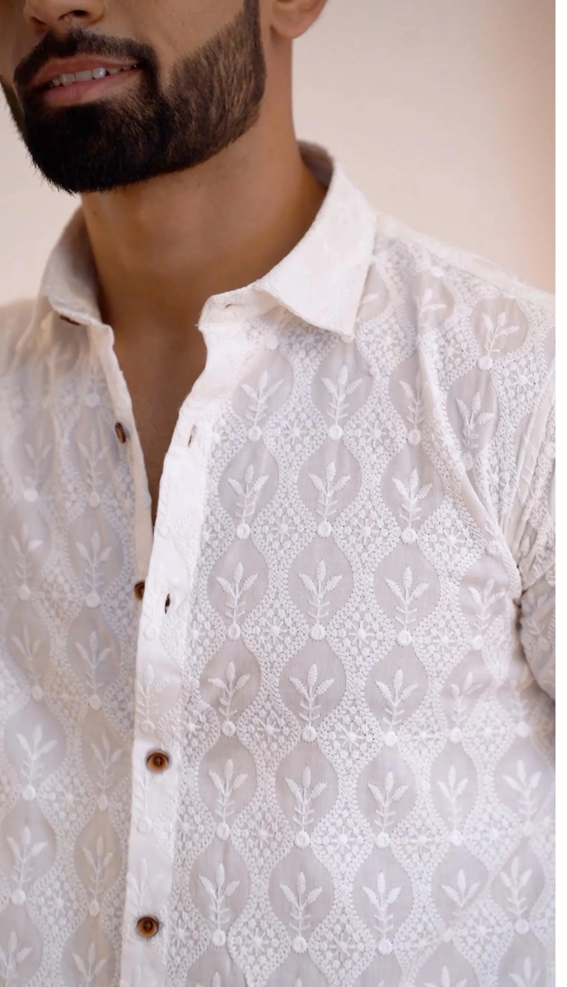 Firangi Yarn Super Soft Full Sleeves Chikankari Schiffli Embroided Men's Shirt- White