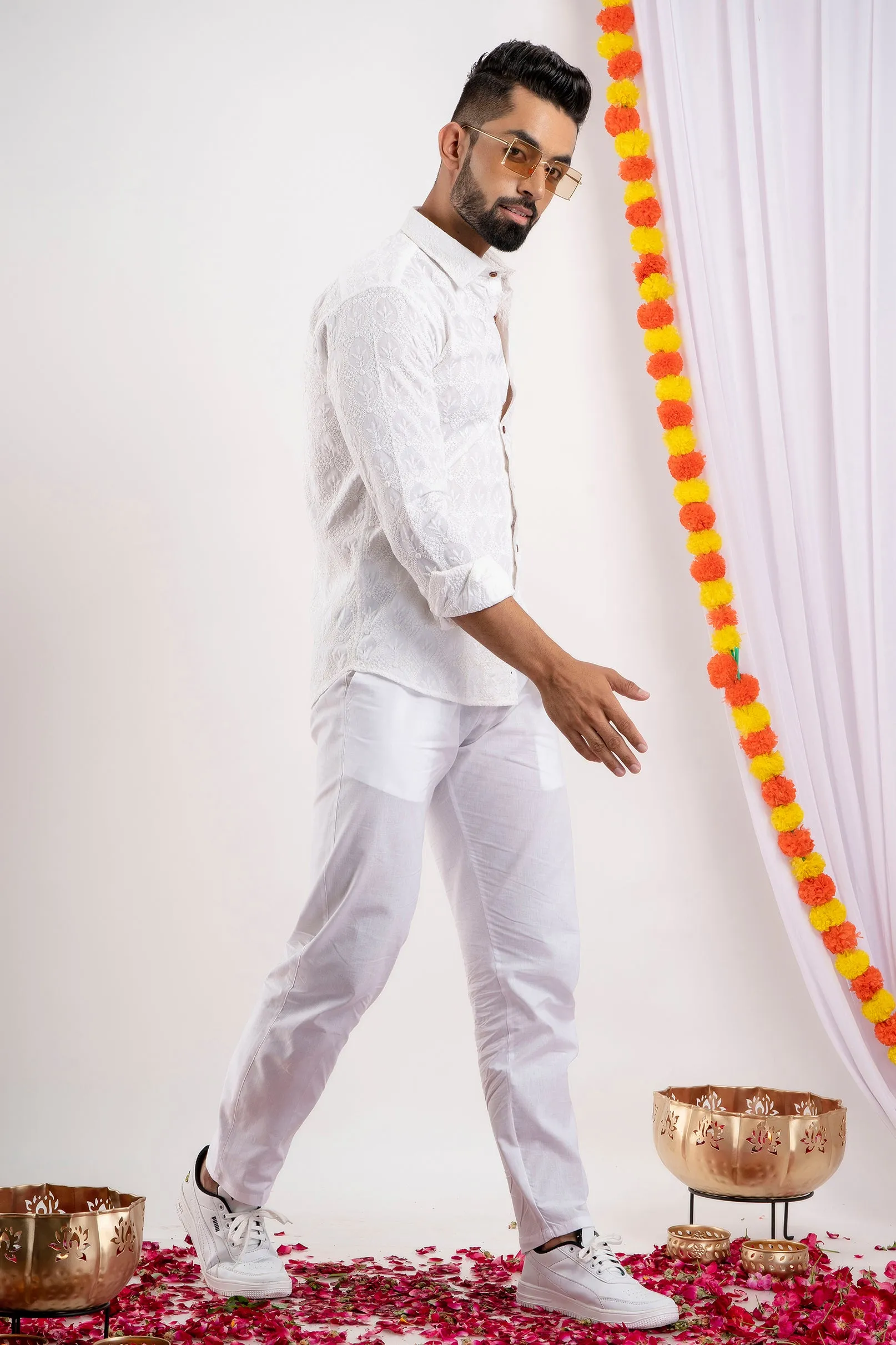 Firangi Yarn Super Soft Full Sleeves Chikankari Schiffli Embroided Men's Shirt- White