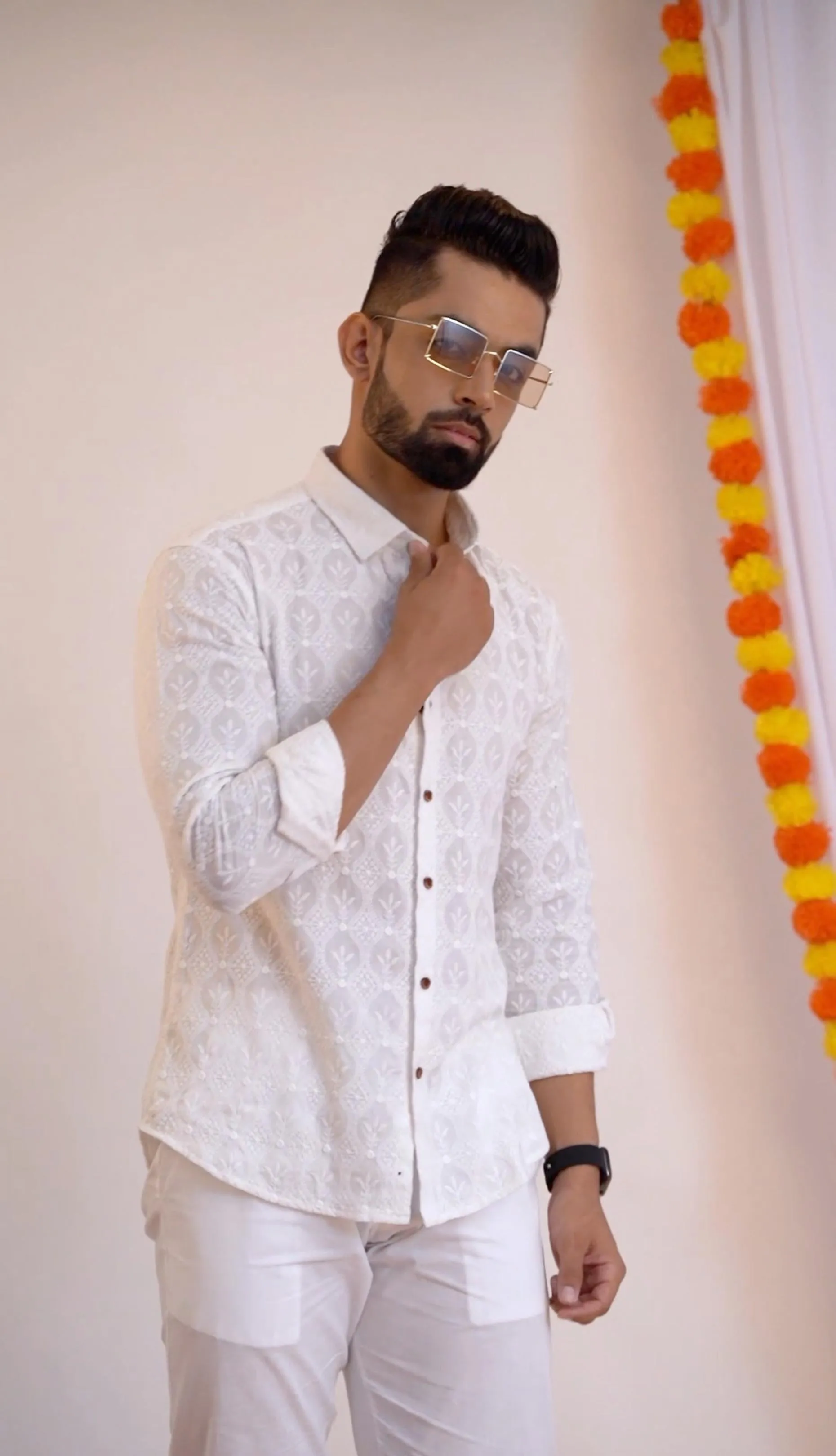 Firangi Yarn Super Soft Full Sleeves Chikankari Schiffli Embroided Men's Shirt- White