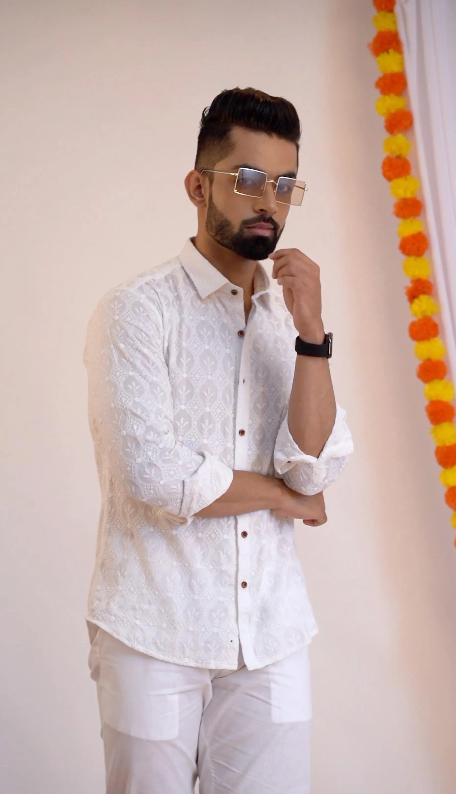 Firangi Yarn Super Soft Full Sleeves Chikankari Schiffli Embroided Men's Shirt- White