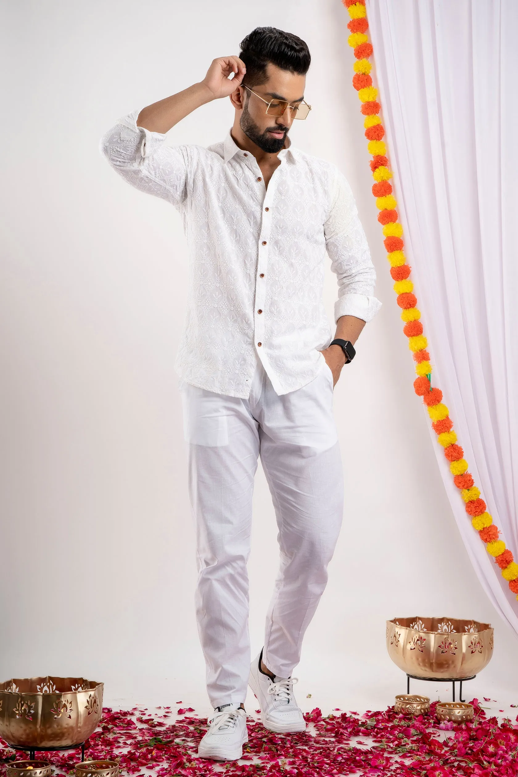 Firangi Yarn Super Soft Full Sleeves Chikankari Schiffli Embroided Men's Shirt- White