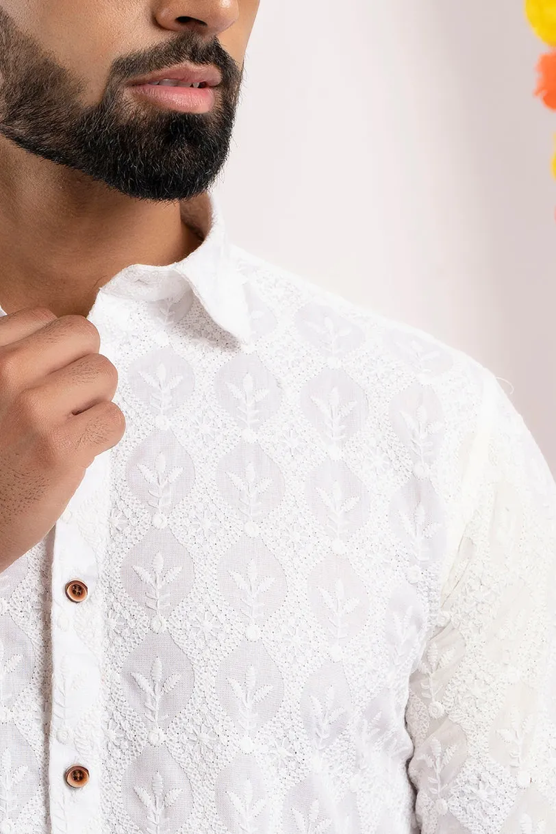 Firangi Yarn Super Soft Full Sleeves Chikankari Schiffli Embroided Men's Shirt- White