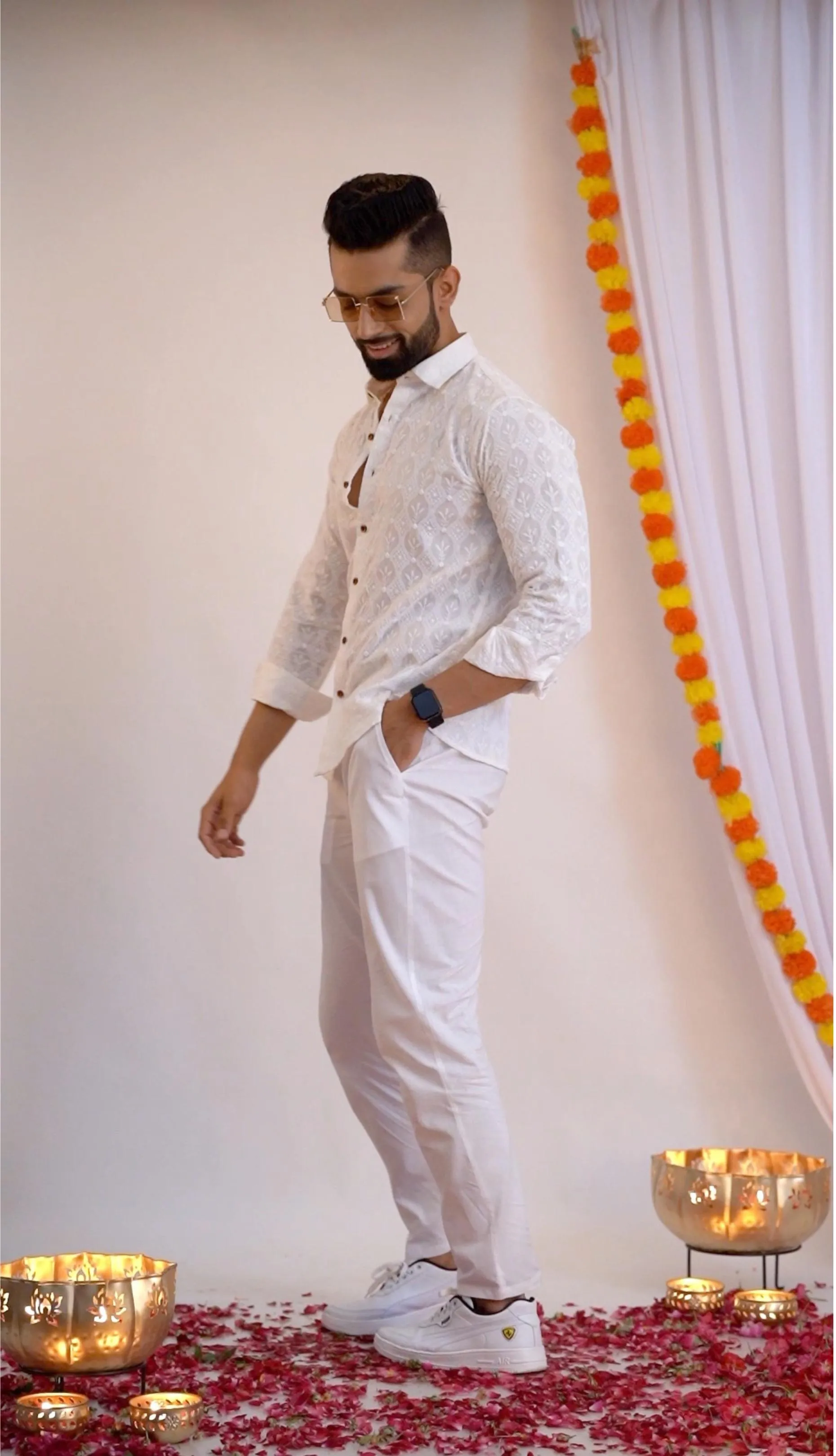 Firangi Yarn Super Soft Full Sleeves Chikankari Schiffli Embroided Men's Shirt- White
