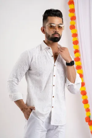 Firangi Yarn Super Soft Full Sleeves Chikankari Schiffli Embroided Men's Shirt- White