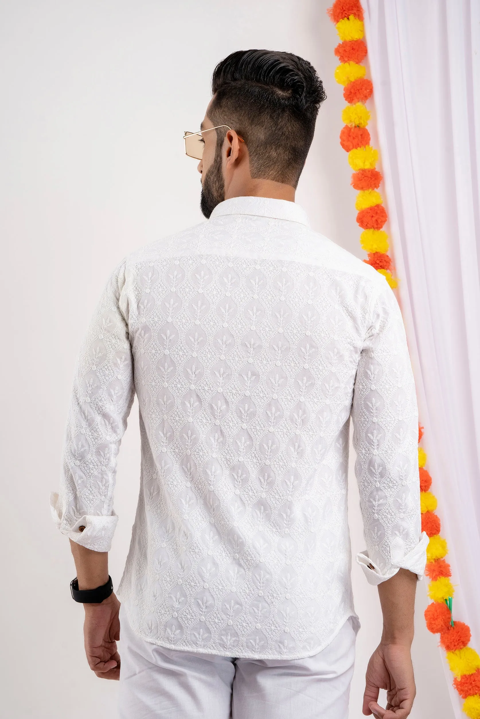 Firangi Yarn Super Soft Full Sleeves Chikankari Schiffli Embroided Men's Shirt- White