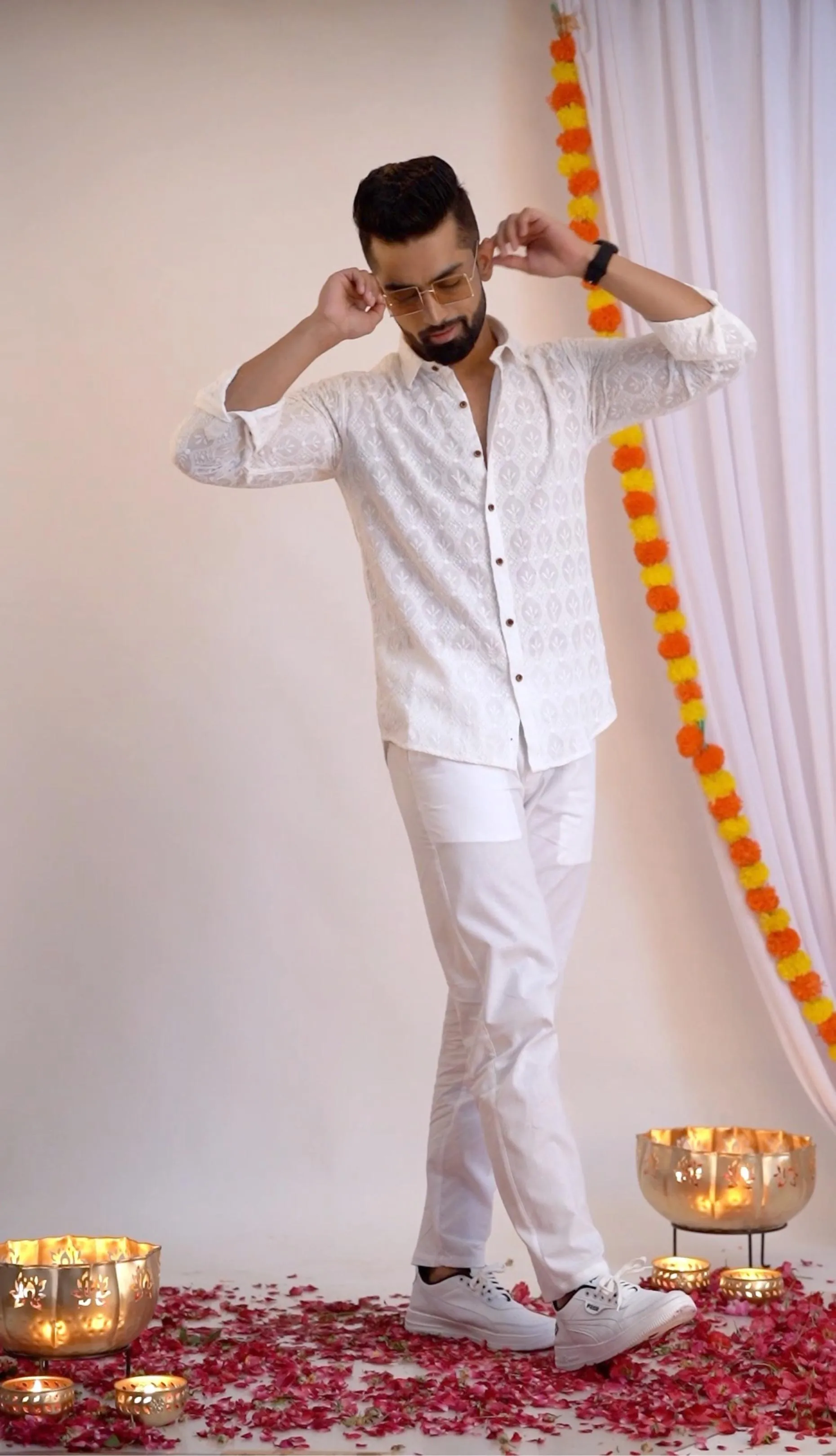 Firangi Yarn Super Soft Full Sleeves Chikankari Schiffli Embroided Men's Shirt- White