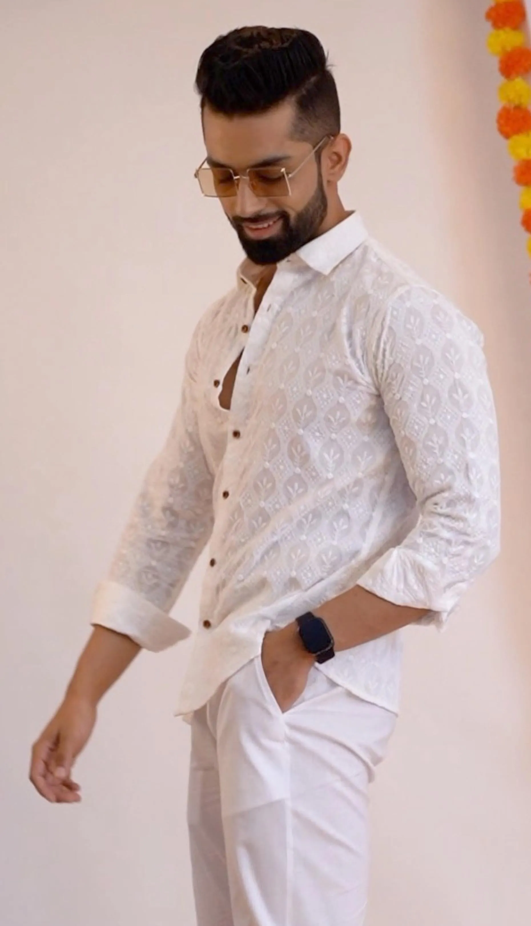 Firangi Yarn Super Soft Full Sleeves Chikankari Schiffli Embroided Men's Shirt- White