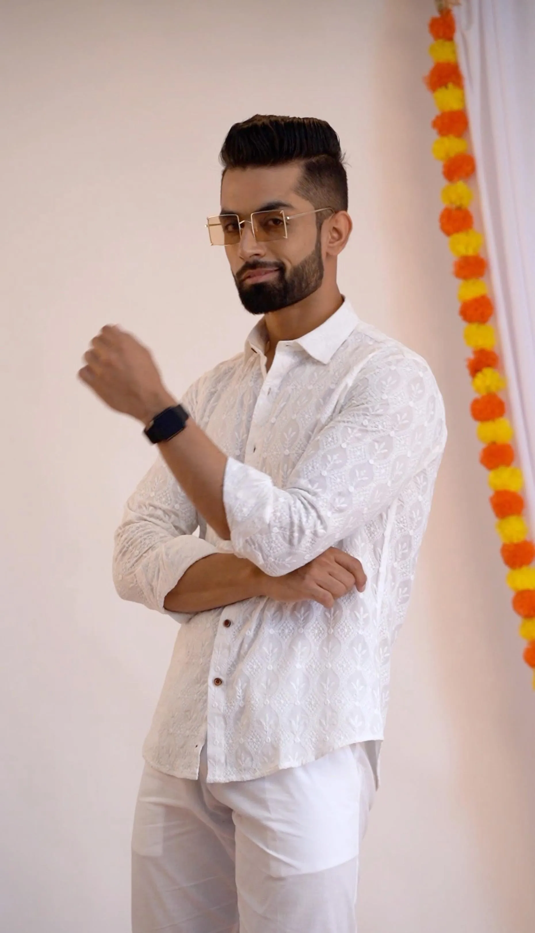Firangi Yarn Super Soft Full Sleeves Chikankari Schiffli Embroided Men's Shirt- White