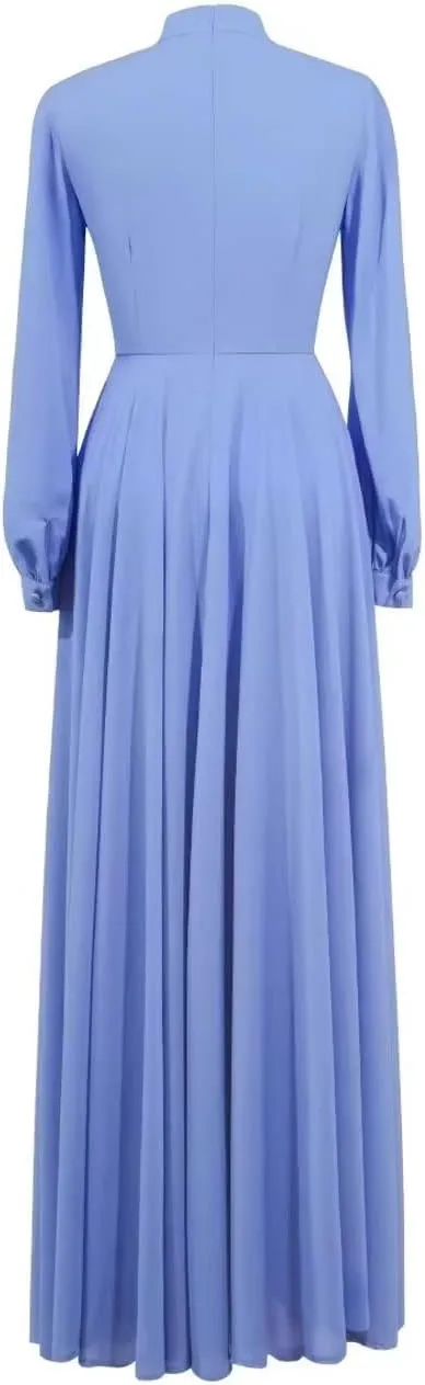 Flowy Chiffon Formal Dresses for Women Evening Party Long Sleeve with Button High Neck Casual Summer Dresses