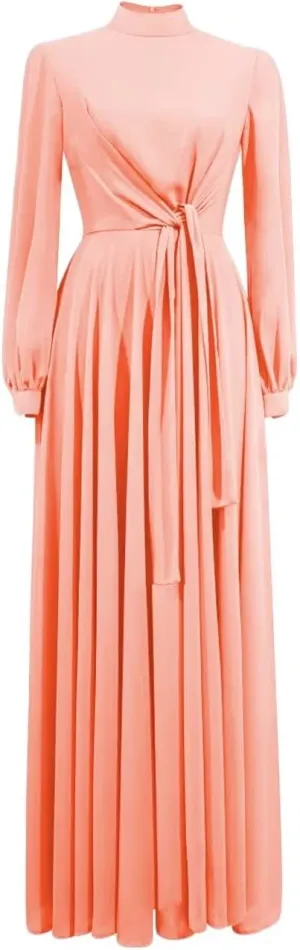 Flowy Chiffon Formal Dresses for Women Evening Party Long Sleeve with Button High Neck Casual Summer Dresses