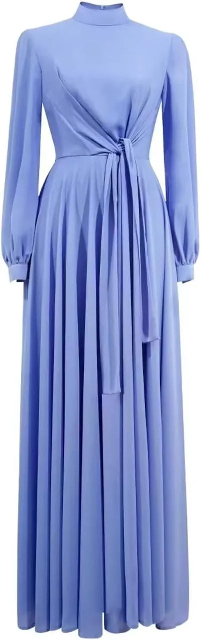 Flowy Chiffon Formal Dresses for Women Evening Party Long Sleeve with Button High Neck Casual Summer Dresses
