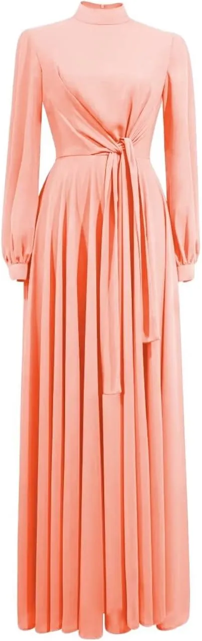 Flowy Chiffon Formal Dresses for Women Evening Party Long Sleeve with Button High Neck Casual Summer Dresses