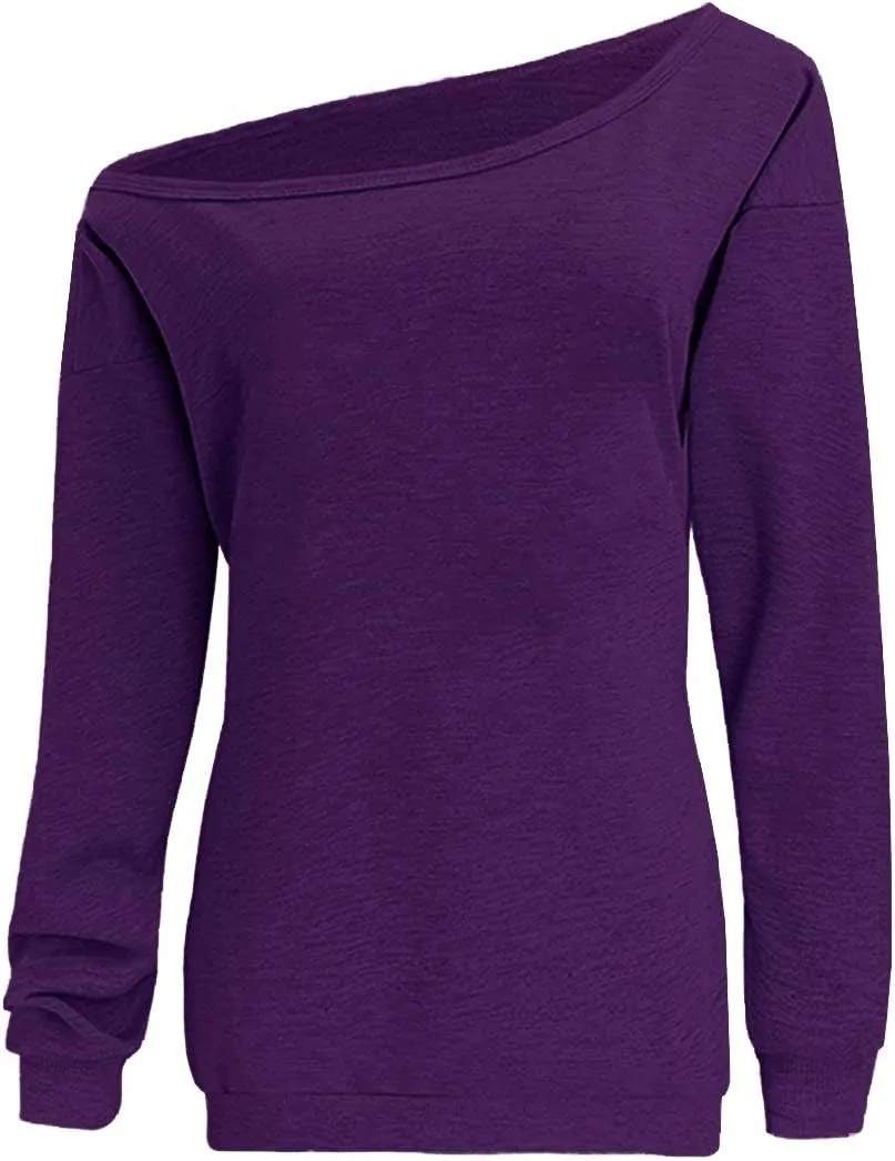 GSVIBK Womens Long Sleeve Off Shoulder Sweatshirt Soft Pullover Tops Slouchy Sweatshirts Casual Solid Shirts