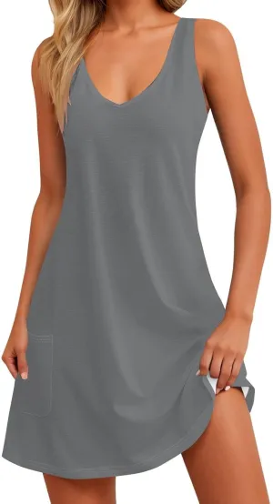 hlysgo Modest Dresses for Women 2025 Summer Knee Length Beach Coverup Sundress Casual Loose Fit Sleeveless V Neck Mini Dress