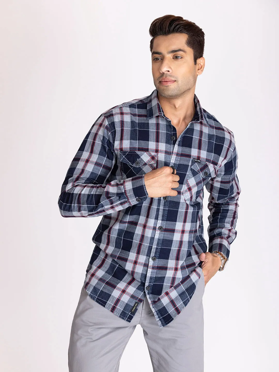 Indigo blue check shirt.