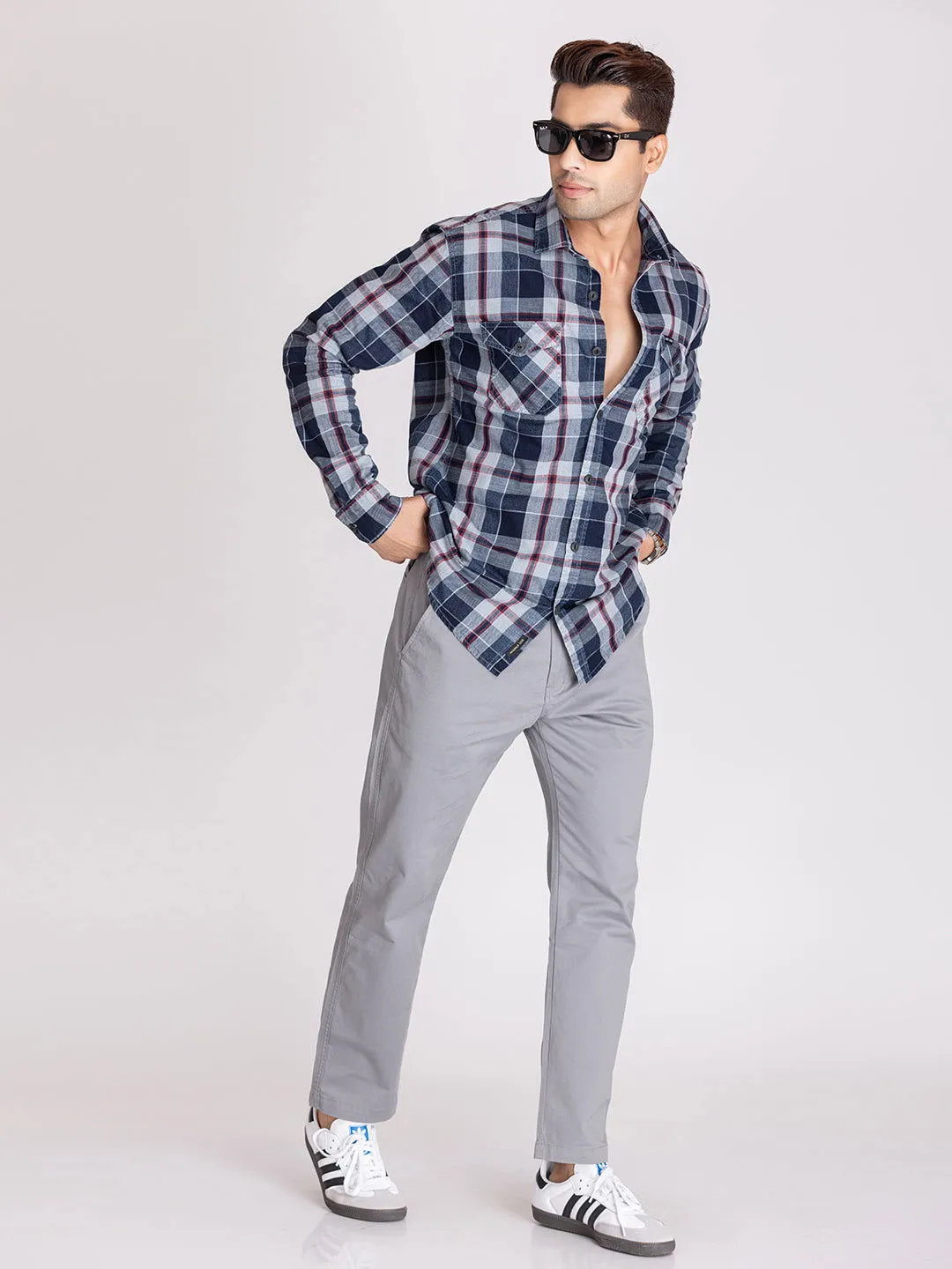 Indigo blue check shirt.