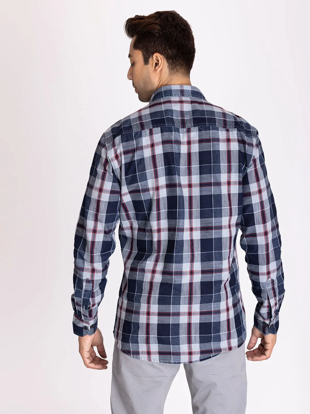 Indigo blue check shirt.
