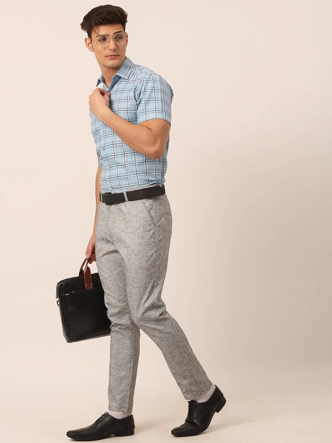 Jashvi Men's Grey Linan Cotton Formal Trousers