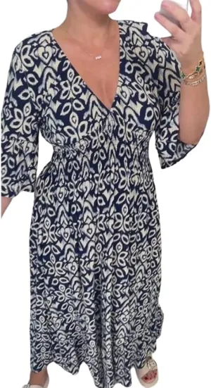 Ladies V Neck Half Sleeve Floral Elegant Dress Elastic Waist Ankle Length Beach Vacation Flowy Loose Fitting Long Dress