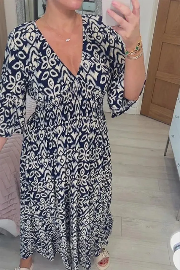 Ladies V Neck Half Sleeve Floral Elegant Dress Elastic Waist Ankle Length Beach Vacation Flowy Loose Fitting Long Dress