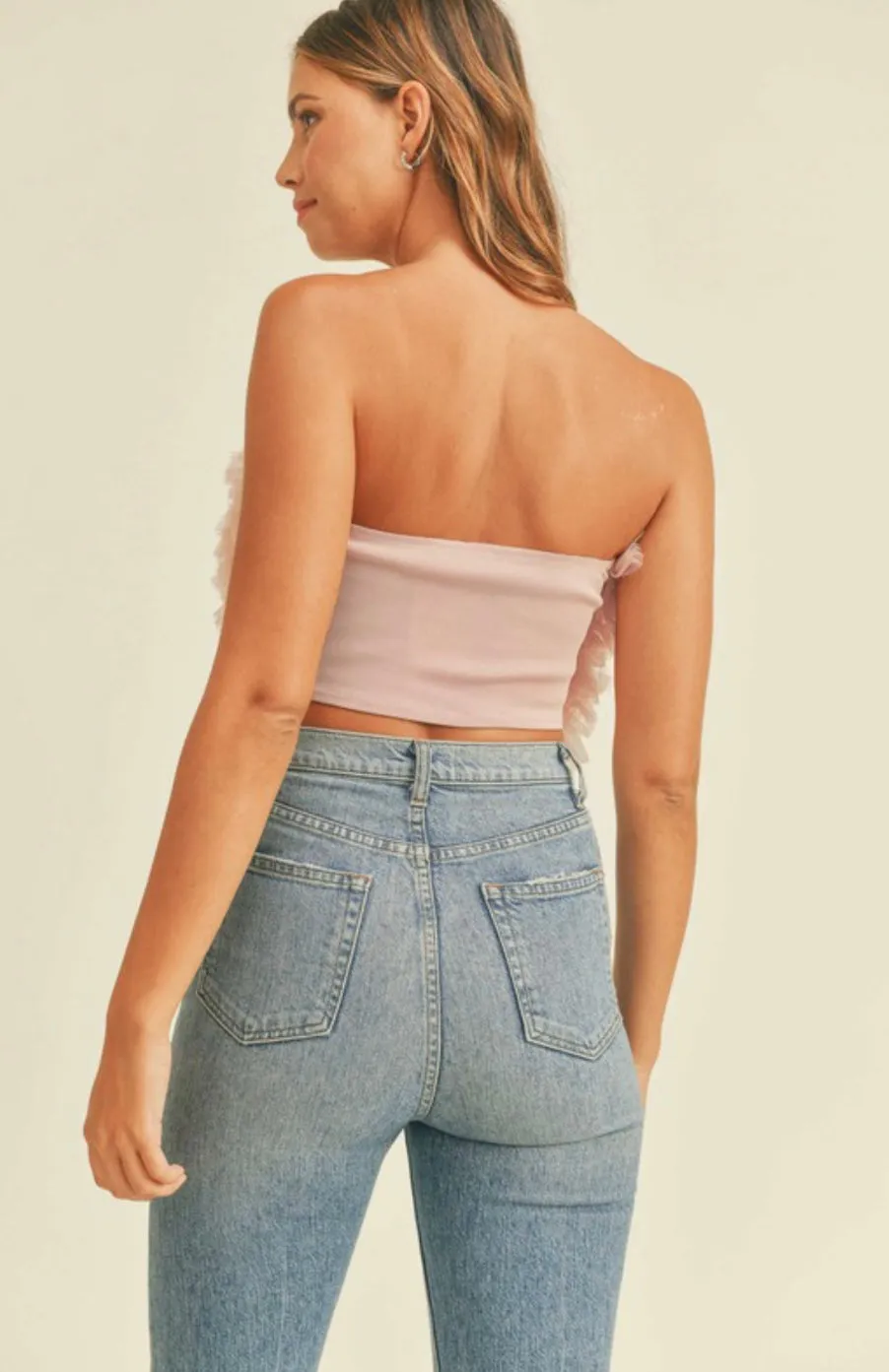 LAYERED RUFFLE MESH TUBE TOP IN ROSE