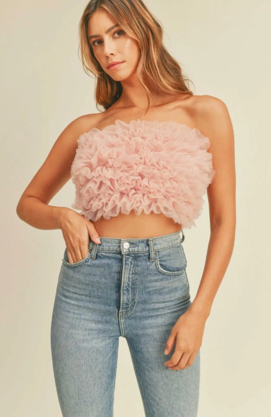 LAYERED RUFFLE MESH TUBE TOP IN ROSE