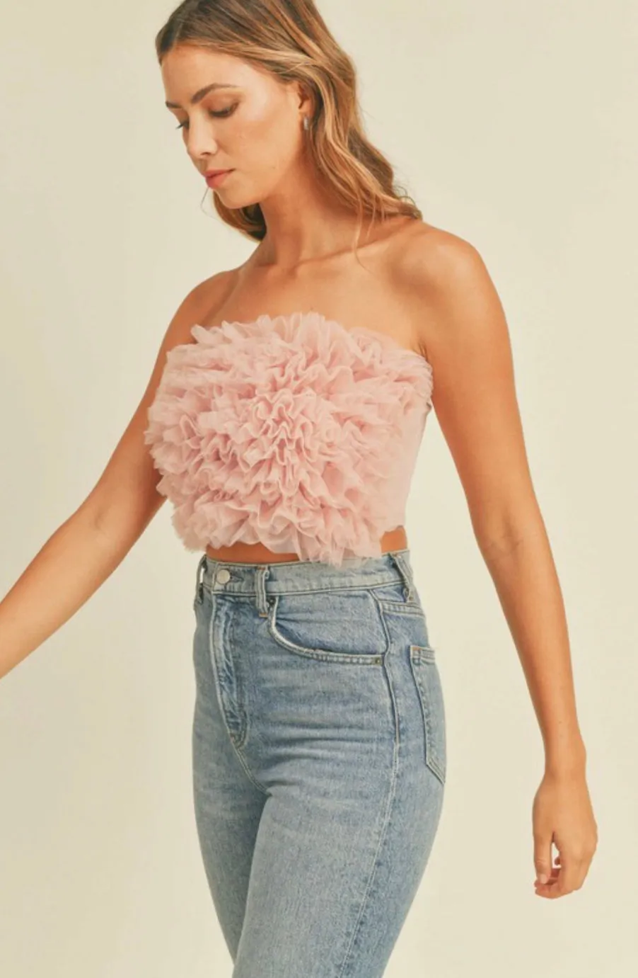 LAYERED RUFFLE MESH TUBE TOP IN ROSE