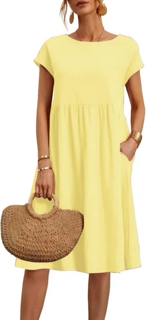 Linen Dresses for Women 2025 Summer Plus Size Short Sleeve Midi Dress Casual Loose Flowy Beach Sundresses with Pockets