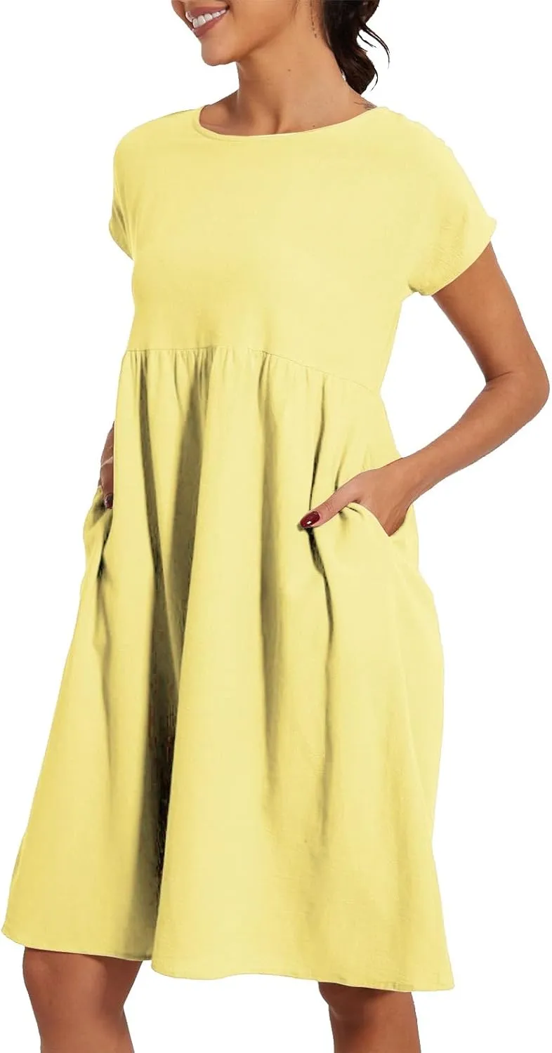 Linen Dresses for Women 2025 Summer Plus Size Short Sleeve Midi Dress Casual Loose Flowy Beach Sundresses with Pockets