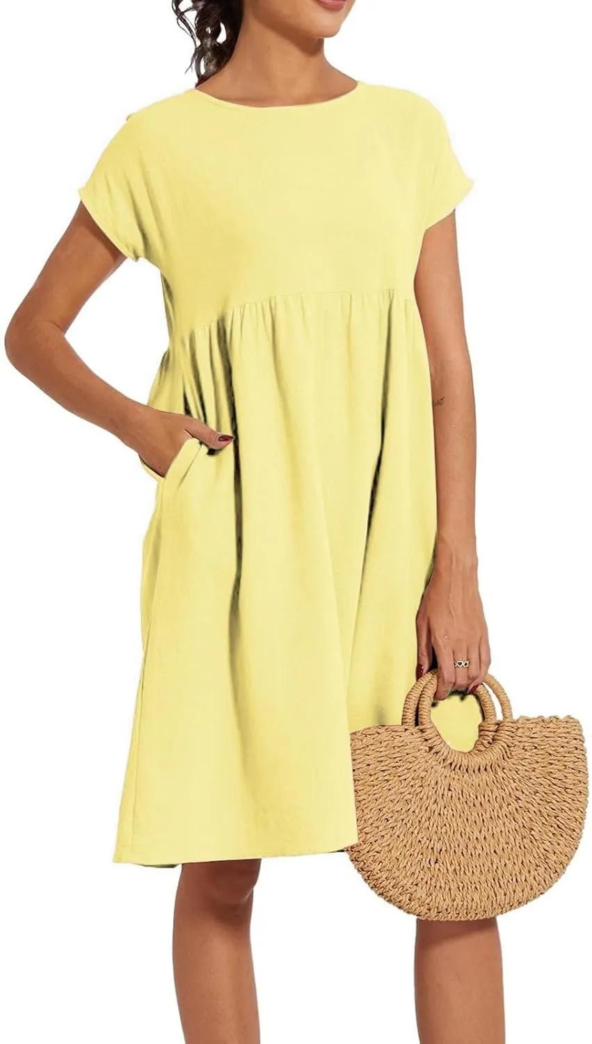 Linen Dresses for Women 2025 Summer Plus Size Short Sleeve Midi Dress Casual Loose Flowy Beach Sundresses with Pockets