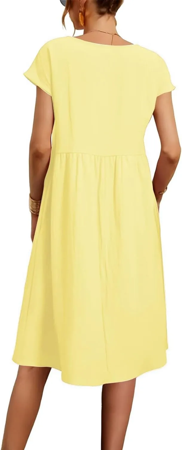 Linen Dresses for Women 2025 Summer Plus Size Short Sleeve Midi Dress Casual Loose Flowy Beach Sundresses with Pockets