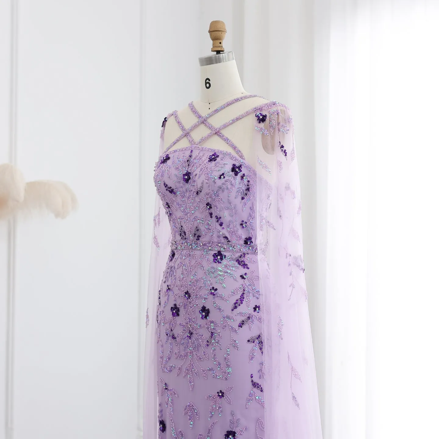 Luxury Lilac Criss Cross Evening Dress with Cape Sleeves SS370