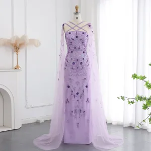 Luxury Lilac Criss Cross Evening Dress with Cape Sleeves SS370