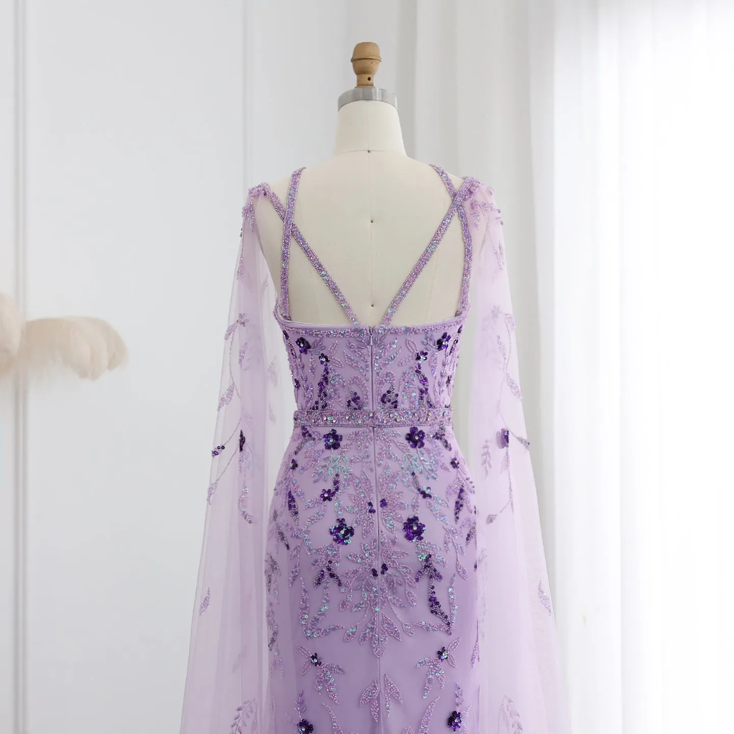 Luxury Lilac Criss Cross Evening Dress with Cape Sleeves SS370