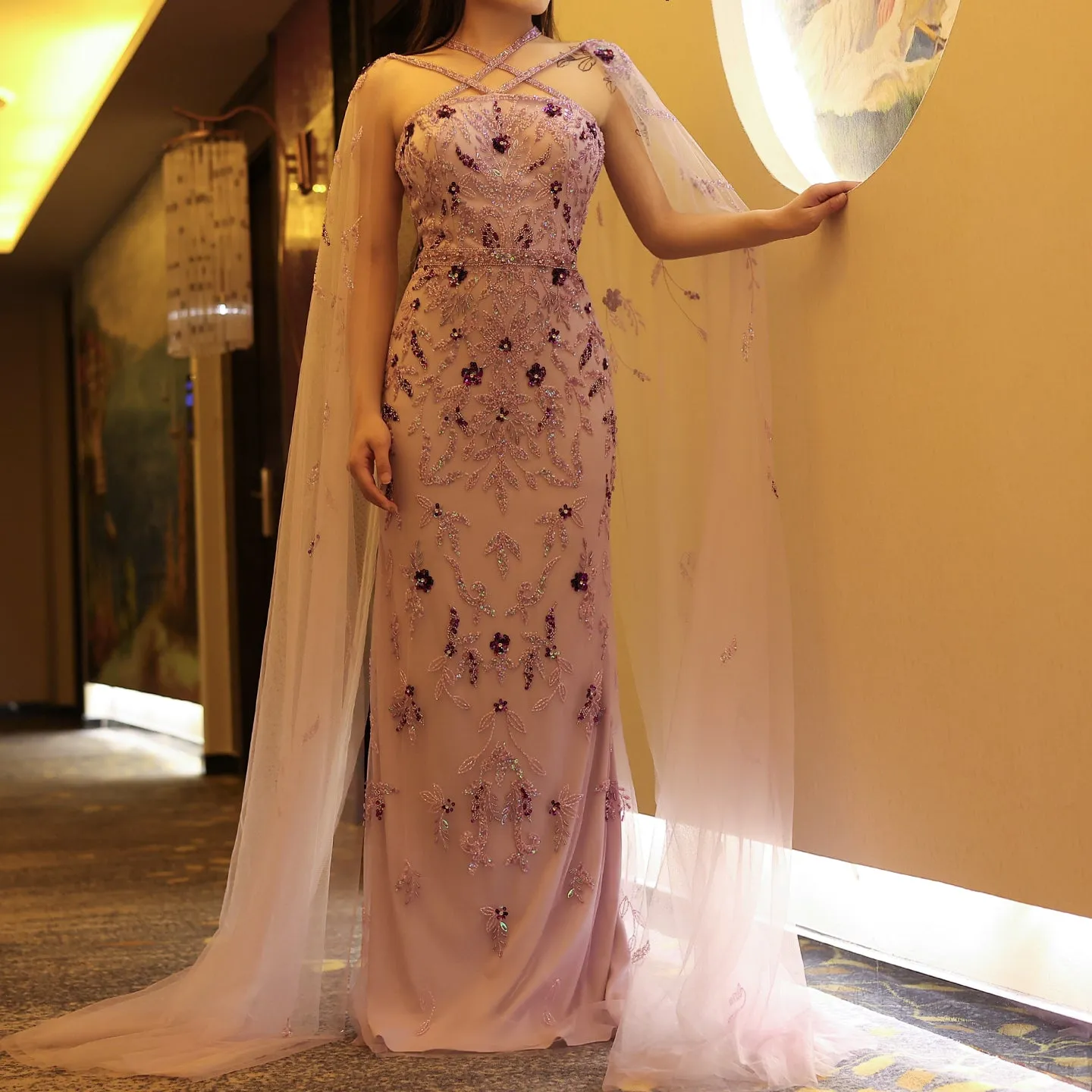 Luxury Lilac Criss Cross Evening Dress with Cape Sleeves SS370