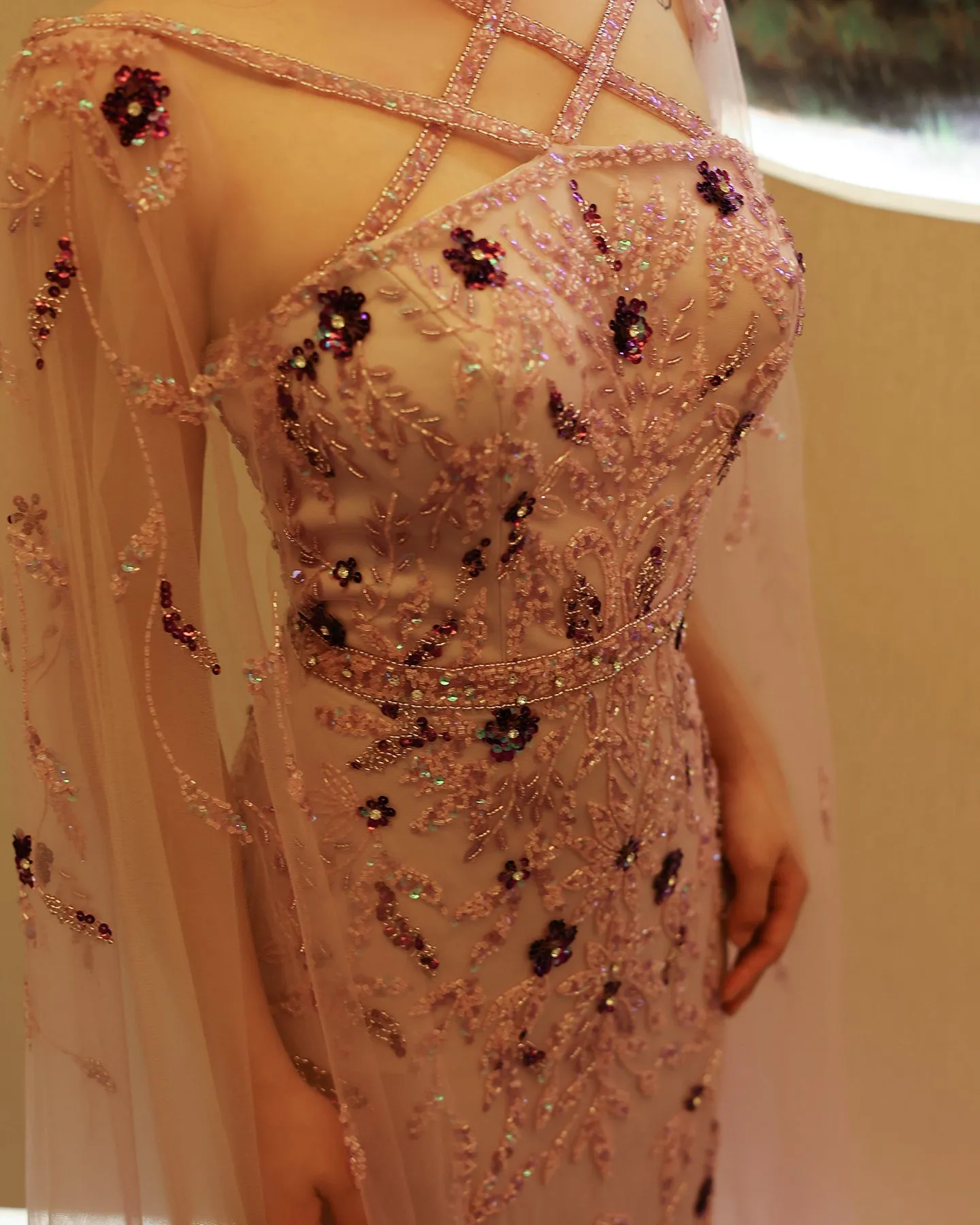 Luxury Lilac Criss Cross Evening Dress with Cape Sleeves SS370